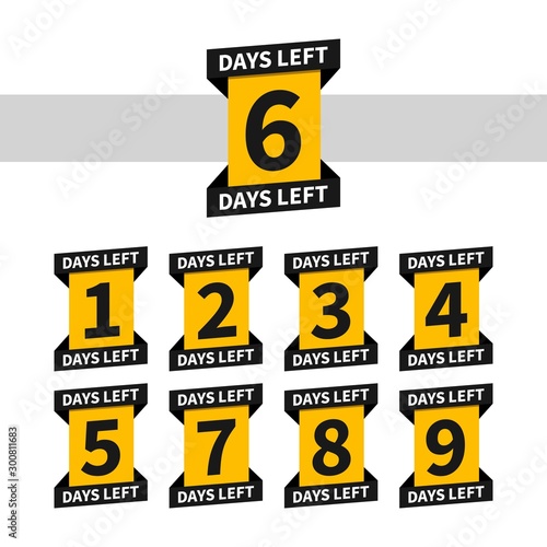 Countdown banners or badges for landing page. One, two, three, four, five, six, seven, eight, nine of days left to go. Count time sale. Number 1, 2, 3, 4, 5, 6, 7, 8, 9 of days left to go.