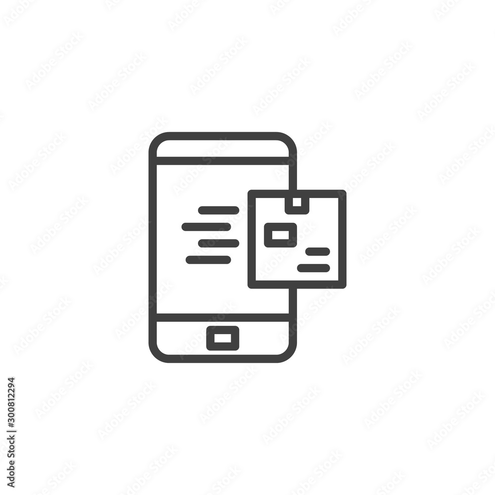 Mobile delivery box line icon. linear style sign for mobile concept and web design. Smartphone with post box outline vector icon. Symbol, logo illustration. Vector graphics Mobile delivery box line icon. linear style sign for mobile concept and web design. Smartphone with post box outline vector icon. Symbol, logo illustration. Vector graphics