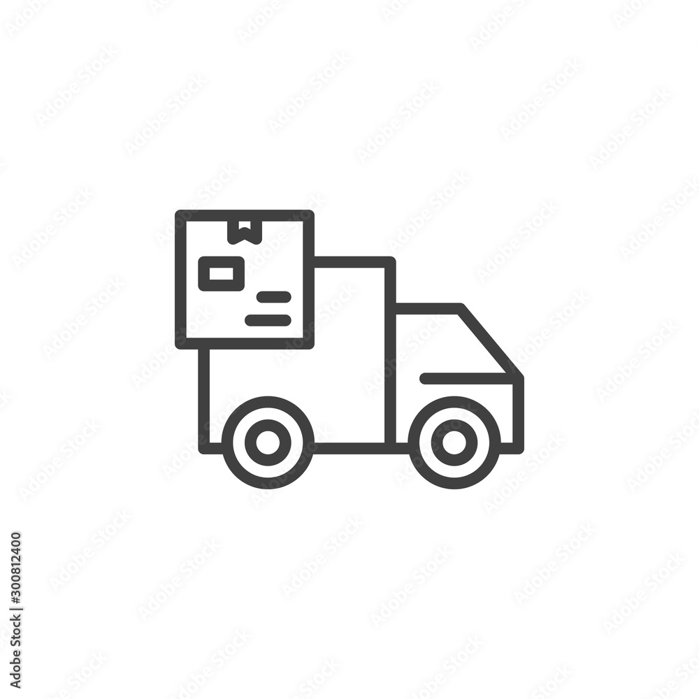 Delivery truck with box line icon. linear style sign for mobile concept and web design. Parcel delivery truck outline vector icon. Symbol, logo illustration. Vector graphics