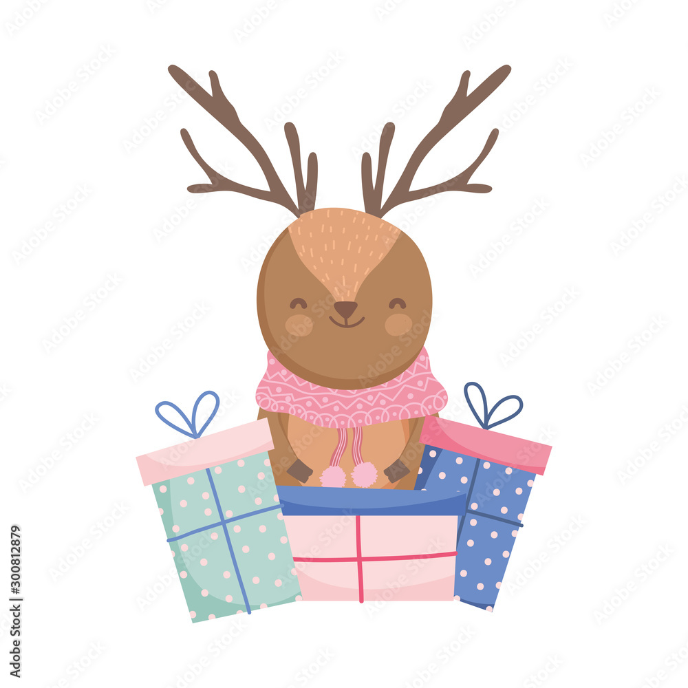 reindeer with gift boxes celebration merry christmas reindeer with gift boxes celebration merry christmas