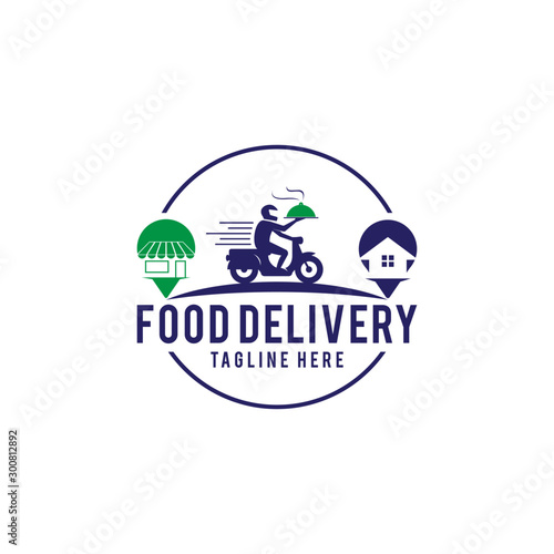 Food delivery from stores to homes by motorcycle Logo Vector Icon Illustration