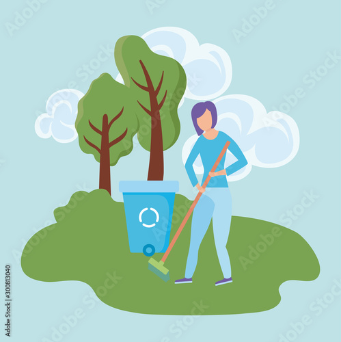 scene of woman with rake, tool of garden