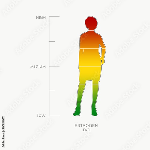 Hormone estrogen level measuring scale. Health care concept illustration. Woman silhouette. From red to green scale.