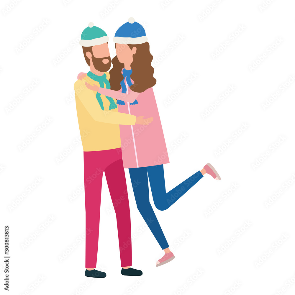 young lovers couple with christmas hat characters young lovers couple with christmas hat characters
