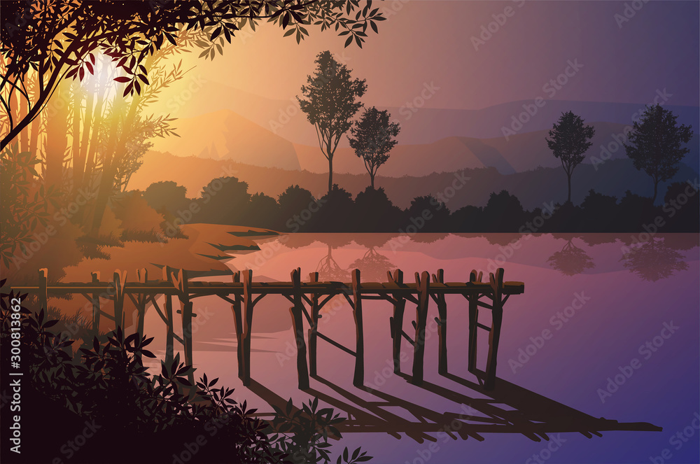 Wooden port at the edge of the marsh Natural forest mountains horizon ...