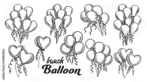 Balloons Bunch With Curly Ribbon Retro Set Vector. Collection Of Helium Balloons In Heart Shape And Classical Form. Engraving Concept Template Hand Drawn In Vintage Style Monochrome Illustrations