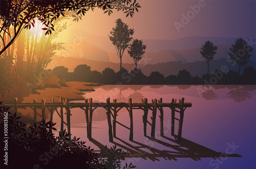 Wooden port at the edge of the marsh Natural forest mountains horizon trees Landscape wallpaper Sunrise and sunset Illustration vector style Colorful view background