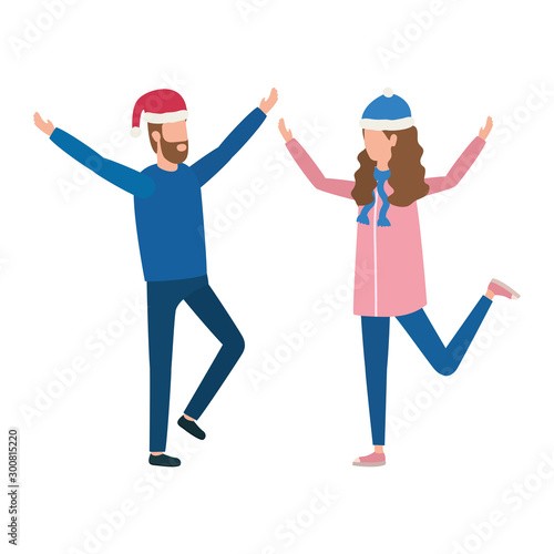 young lovers couple with christmas hat characters