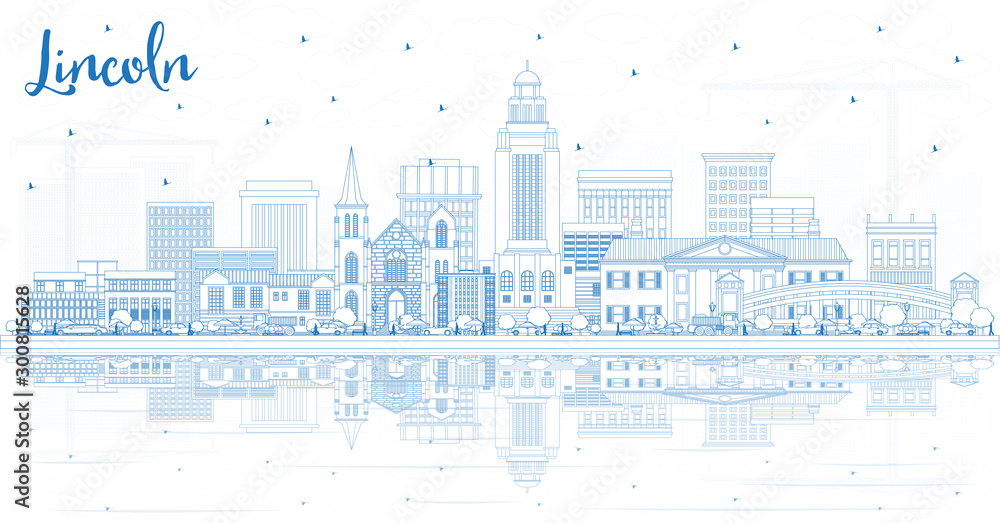 Outline Lincoln Nebraska City Skyline with Blue Buildings and Reflections.