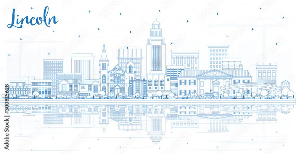 Outline Lincoln Nebraska City Skyline with Blue Buildings and Reflections. Outline Lincoln Nebraska City Skyline with Blue Buildings and Reflections.