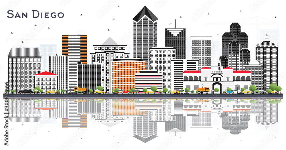 San Diego California City Skyline with Gray Buildings and Reflections Isolated on White.