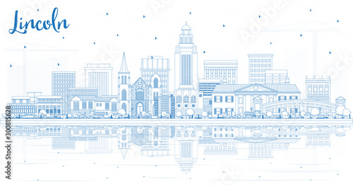 Outline Lincoln Nebraska City Skyline with Blue Buildings and Reflections.