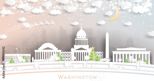 Washington DC USA City Skyline in Paper Cut Style with Snowflakes, Moon and Neon Garland.