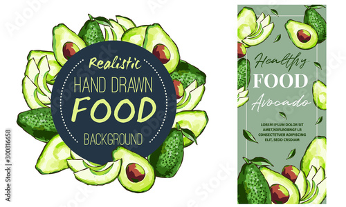 Hand drawn watercolor painting on white background. Vector illustration of avocado fruits sketch elements, eco healthy ingredients vector illustration. Great for poster, banner, voucher, coupon.
