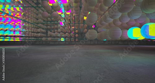 Abstract Smooth Wood and Concrete Futuristic Sci-Fi interior from an array of spheres With Gradient Colored Glowing Neon. 3D illustration and rendering.