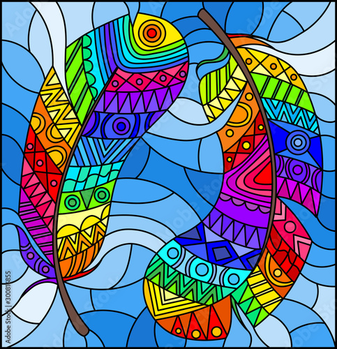 Illustration in stained glass style with bright patterned rainbow feathers on a blue sky background