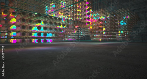 Abstract Smooth Wood and Concrete Futuristic Sci-Fi interior from an array of spheres With Gradient Colored Glowing Neon. 3D illustration and rendering.