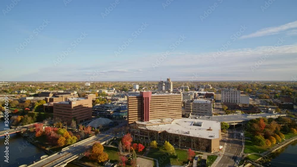 Flint Michigan Aerial v4 Flying into downtown over river to reverse - October 2017 Flint Michigan Aerial v4 Flying into downtown over river to reverse - October 2017