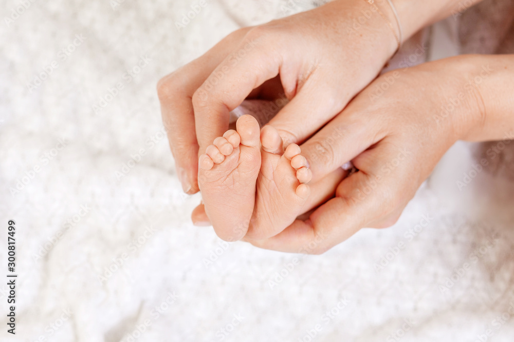 Happy Family concept. Newborn baby feet in mother hands on white background.  Mom holding her Child.  Beautiful conceptual image of Maternity. Copy space