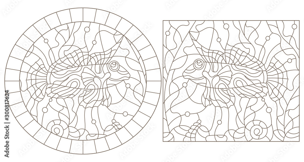 Set of contour illustrations of stained glass Windows with Mandarin fish, dark outlines on a white background