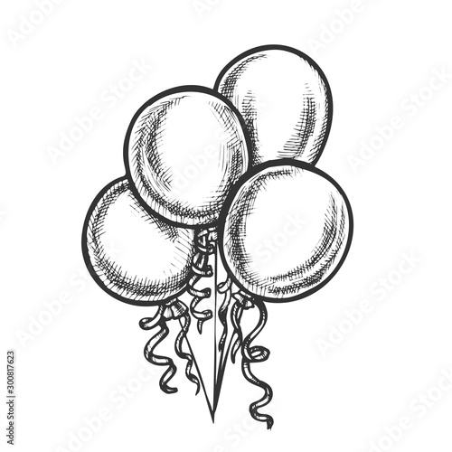 Balloons Bunch With Curled Ribbon Retro Vector. Helium Flying Balloons Birthday Party Decoration Room Or Gift. Engraving Concept Template Hand Drawn In Vintage Style Monochrome Illustration