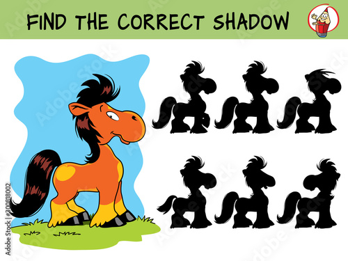 Cute little pony. Find the correct shadow. Educational matching game for children. Cartoon vector illustration