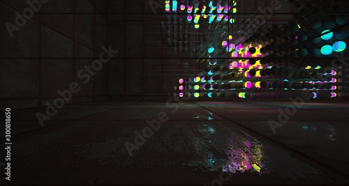 Abstract Smooth Rusted Metal and Concrete Futuristic Sci-Fi interior from an array of spheres With Gradient Colored Glowing Neon. 3D illustration and rendering.