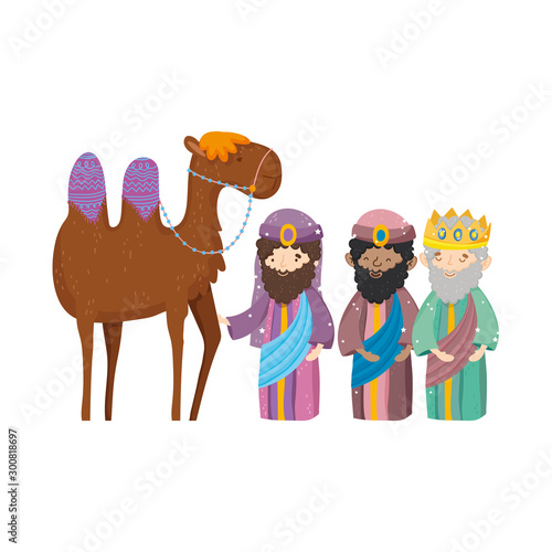 Photo three wise kings and camel manger nativity, merry christmas