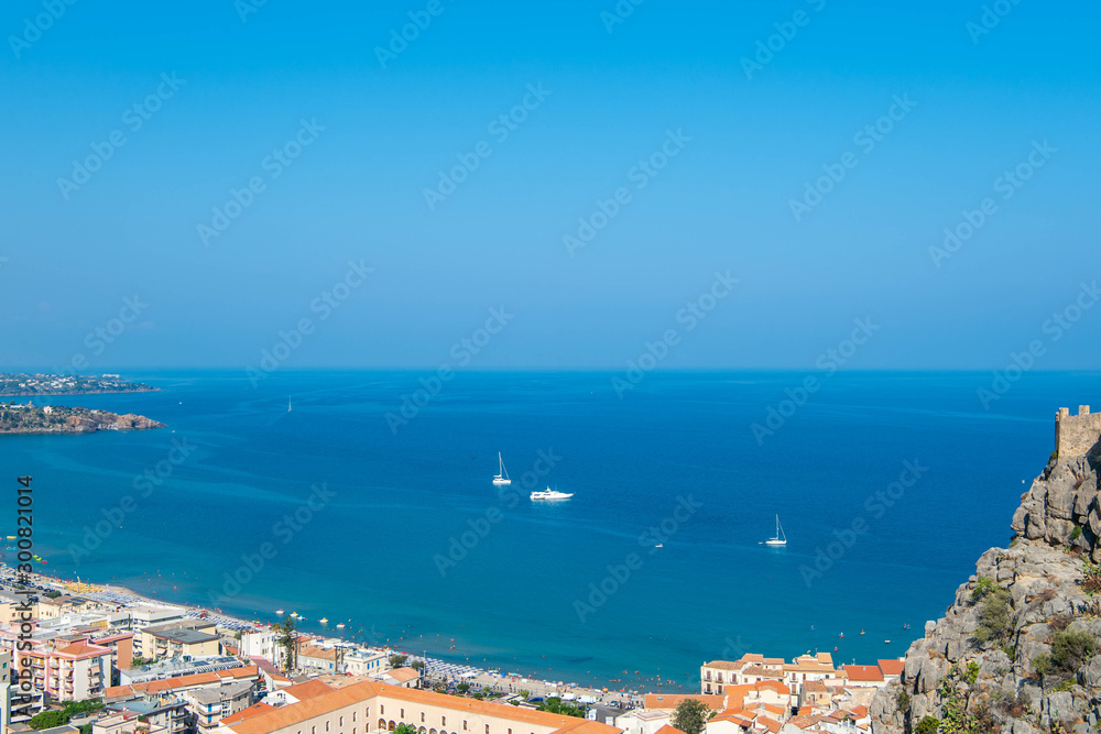 Early morning view of Cefalu town from the Rocca di Cefalu. Sicily, Italy