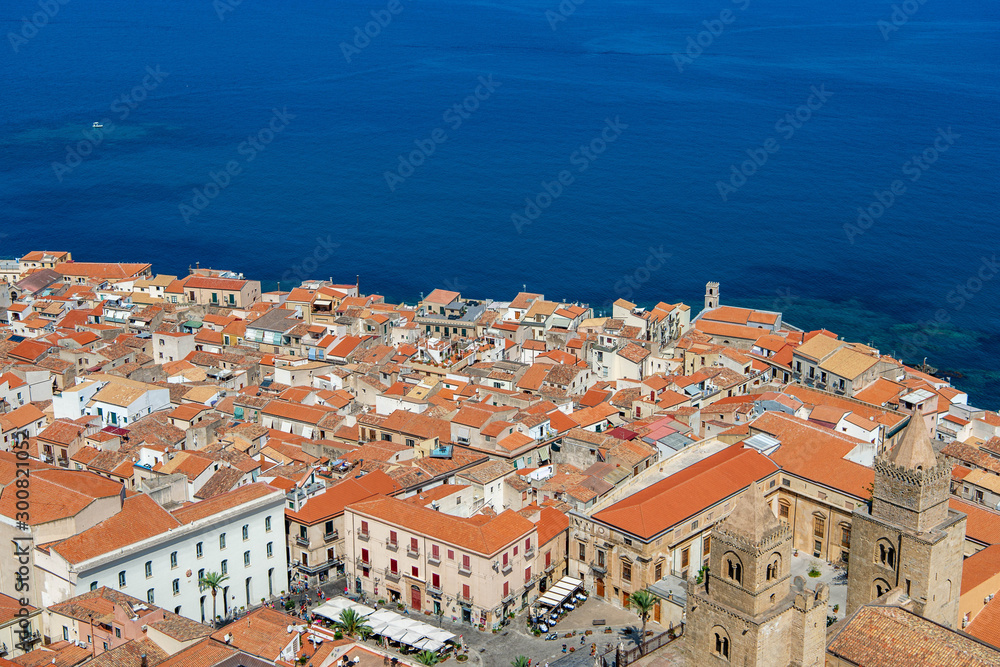 Early morning view of Cefalu town from the Rocca di Cefalu. Sicily, Italy