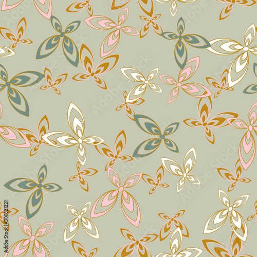 A seamless vector pattern with ornamental butterflies in delicate colors. Feminine surface print design. Great for cards, invitations and wrapping paper.