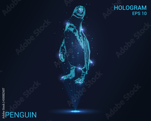 Hologram penguin. Holographic projection of a penguin. Flickering energy flux of particles. Scientific design animals.