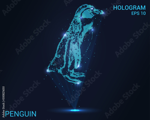 Hologram penguin. The rays of light create a hologram of a penguin. Penguin of particles and dots. Vector illustration.