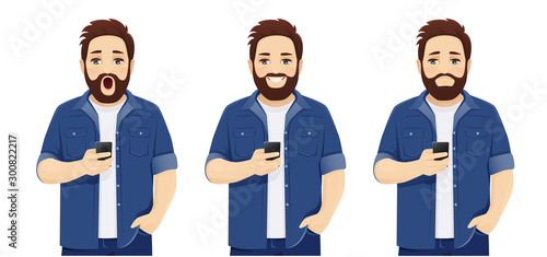 Handsome big man in casual outfit using mobile phone. Surprised shocked sad and smiling expression isolated vector illustration.