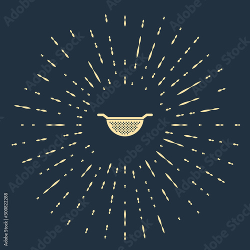 Beige Kitchen colander icon isolated on dark blue background. Cooking utensil. Cutlery sign. Abstract circle random dots. Vector Illustration