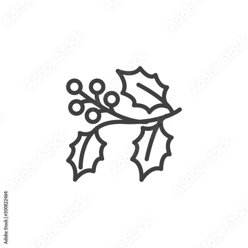 Holly berry branch line icon. linear style sign for mobile concept and web design. Christmas holly berries leaves outline vector icon. Symbol, logo illustration. Vector graphics