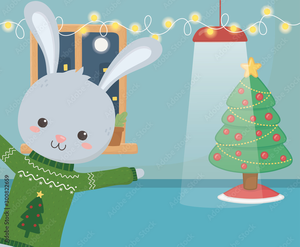 Naklejka premium merry christmas celebration cute rabbit glowing lights lamp tree decoration