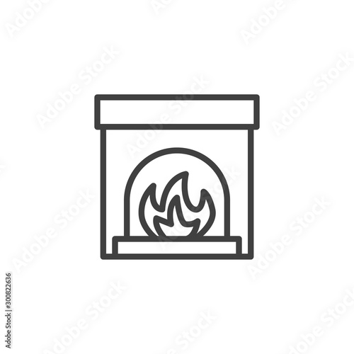 Fireplace with burning fire line icon. linear style sign for mobile concept and web design. Christmas fireplace outline vector icon. Symbol, logo illustration. Vector graphics