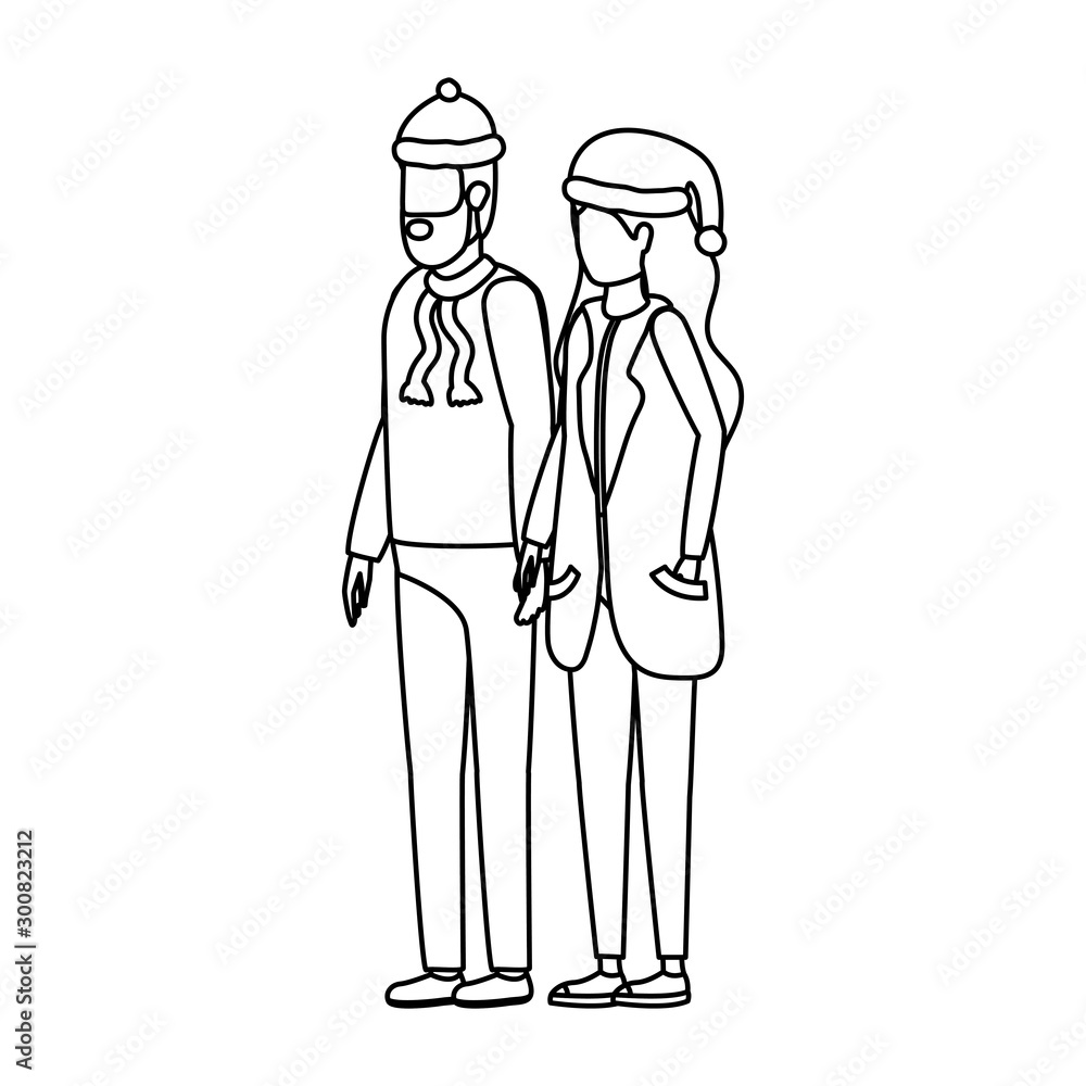 young lovers couple with christmas hat characters young lovers couple with christmas hat characters