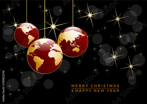 Christmas tree, vector postcard in black. Balls in the shape of planet earth, background