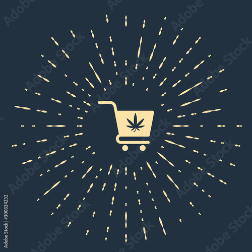 Beige Shopping cart with marijuana or cannabis leaf icon isolated on dark blue background. Online buying. Delivery service. Supermarket basket. Abstract circle random dots. Vector Illustration