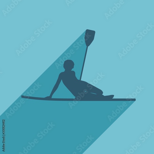 Woman posing with surfboard and paddle. Vintage surfing graphic and emblem for web design or print. Stand up paddle boarding. Web icon with long shadow