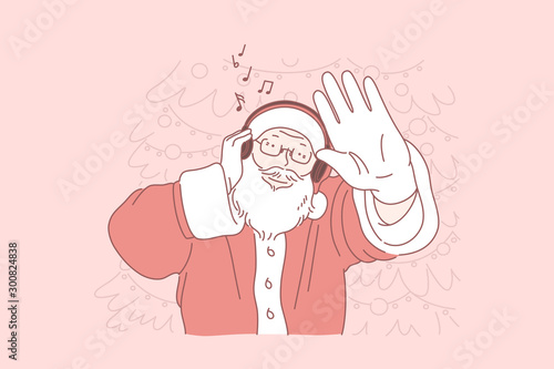 Christmas club party, New Year masquerade concept. Xmas disco, nightclub festive entertainment, DJ in Santa Claus costume, winter holidays dance party, feast mood. Simple flat vector