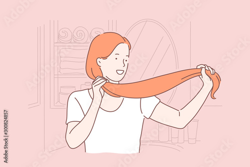 Hair care, hairdo, beauty, saloon procedure concept. Hairstyle, healthy chevelure, cosmetic products effect, young woman combing her hair, taking care of herself. Simple flat vector
