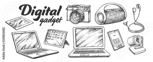 Digital Audio And Video Gadgets Retro Set Vector. Laptop And Tablet, Web And Photo Camera, Earphone And Wireless Speaker Gadgets. Engraving Template Designed In Vintage Style Monochrome Illustrations