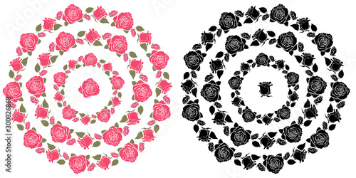 Vector set of colorful and colorless floral wreaths made of rosebud silhouettes isolated on white background. Romantic flower garlands for wedding design and invitations. Round frames with roses.