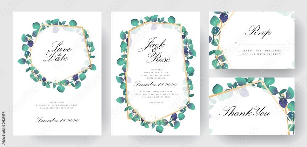 Eucalytpus Trendy Wedding Card Invitation Decorative Template for Romantic Couple, with Wreath and Floral Art