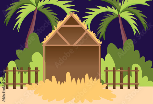 manger hut palms bushes scene