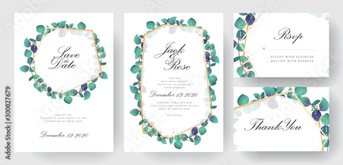 Eucalytpus Trendy Wedding Card Invitation Decorative Template for Romantic Couple, with Wreath and Floral Art