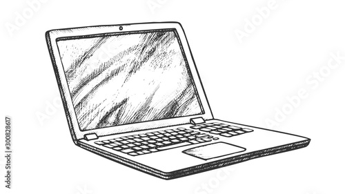 Laptop Computer Electronic Gadget Retro Vector. Opened Portable Laptop With Blank Screen. Hi-tech Technology Device Engraving Concept Mockup Designed In Vintage Style Black And White Illustration photo